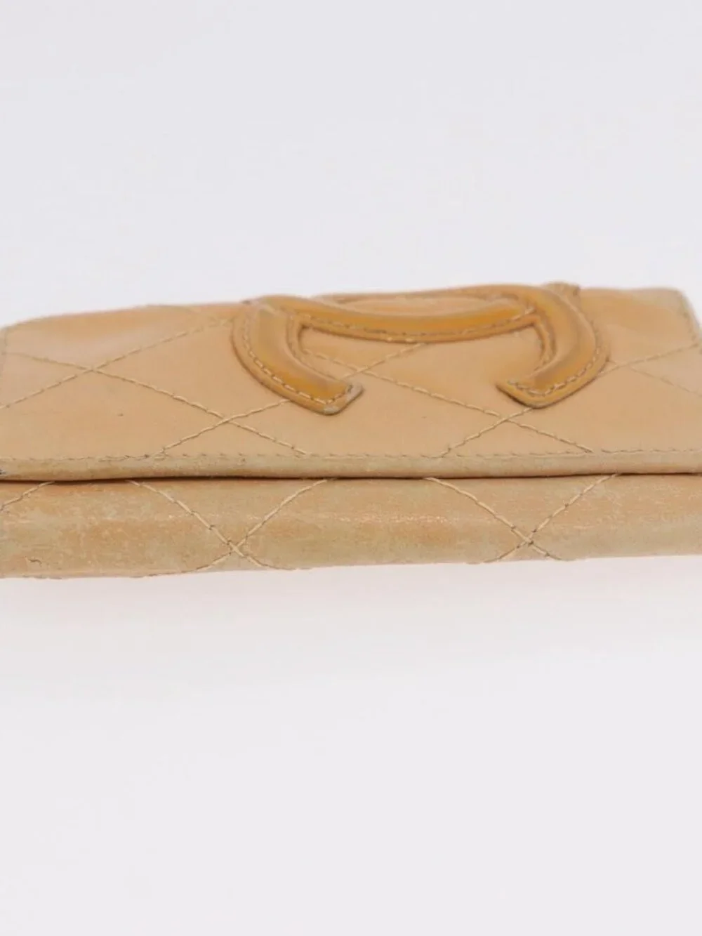 CHANEL Cambon Line Matelasse Key Case Leather Beige Silver CC Auth ep14903